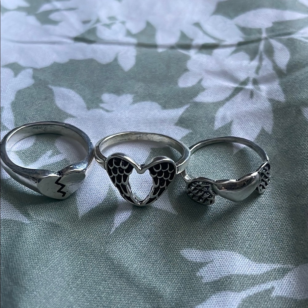 Silver Heart and Wing Rings Set